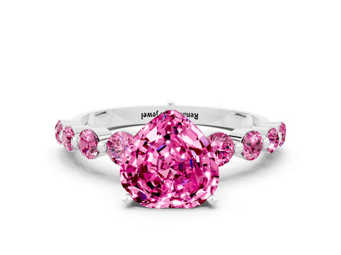 White gold Heart Cut Solitaire Pink Sapphire Ring with Pave Band and Four-Prong Setting