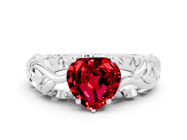 Platinum Heart Cut Solitaire Ruby Leaf-Inspired Vine Band Ring with Prong Setting