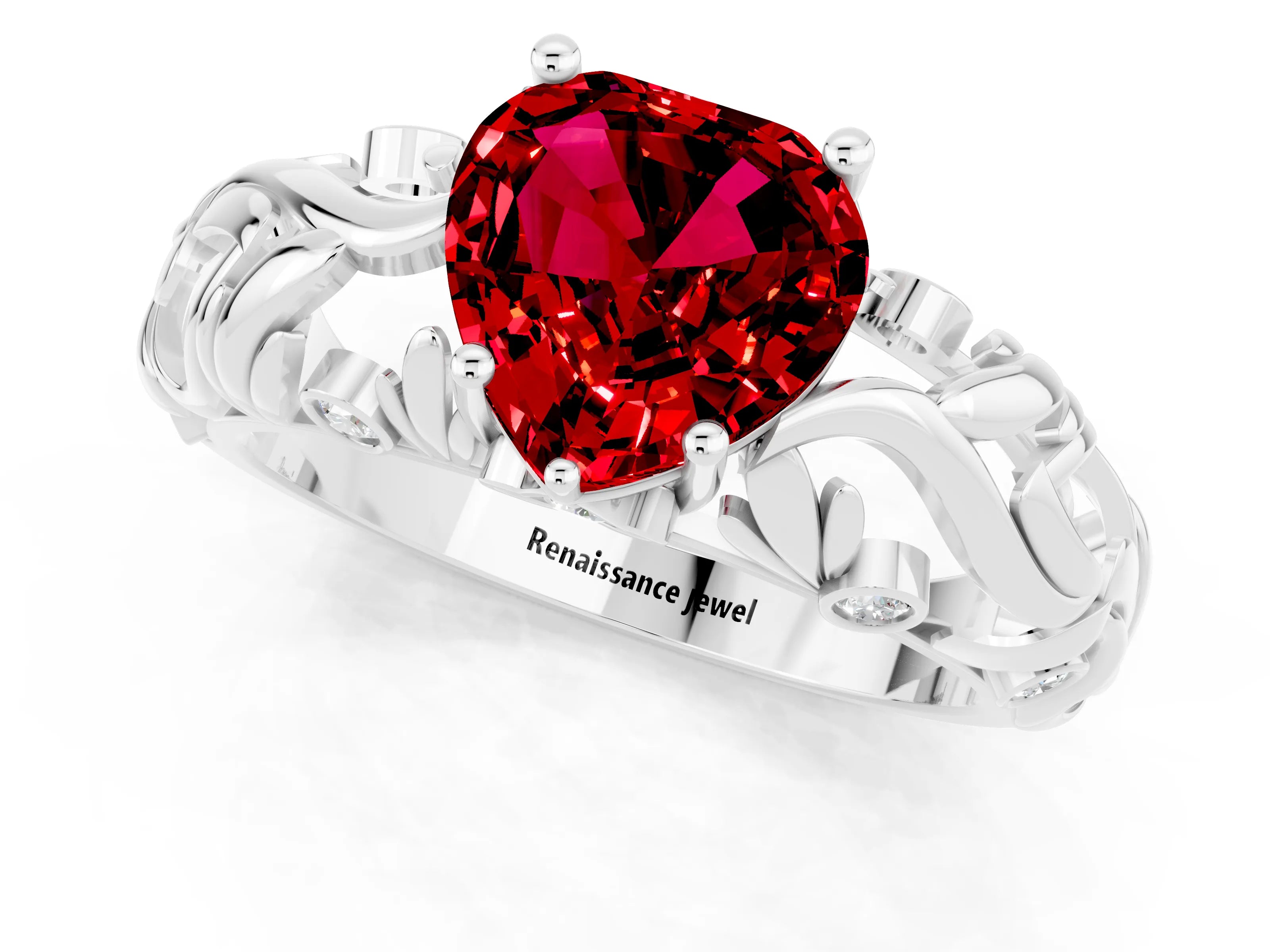 White gold Heart Cut Solitaire Ruby Leaf-Inspired Vine Band Ring with Prong Setting_1