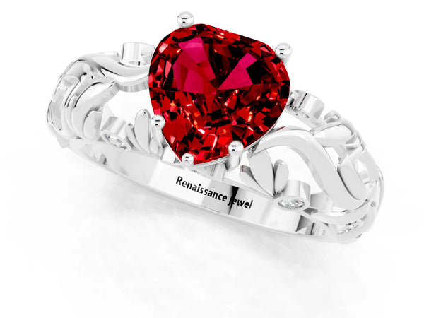 Platinum Heart Cut Solitaire Ruby Leaf-Inspired Vine Band Ring with Prong Setting
