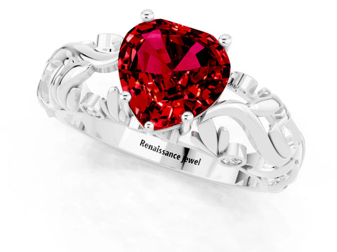 White gold Heart Cut Solitaire Ruby Leaf-Inspired Vine Band Ring with Prong Setting_1