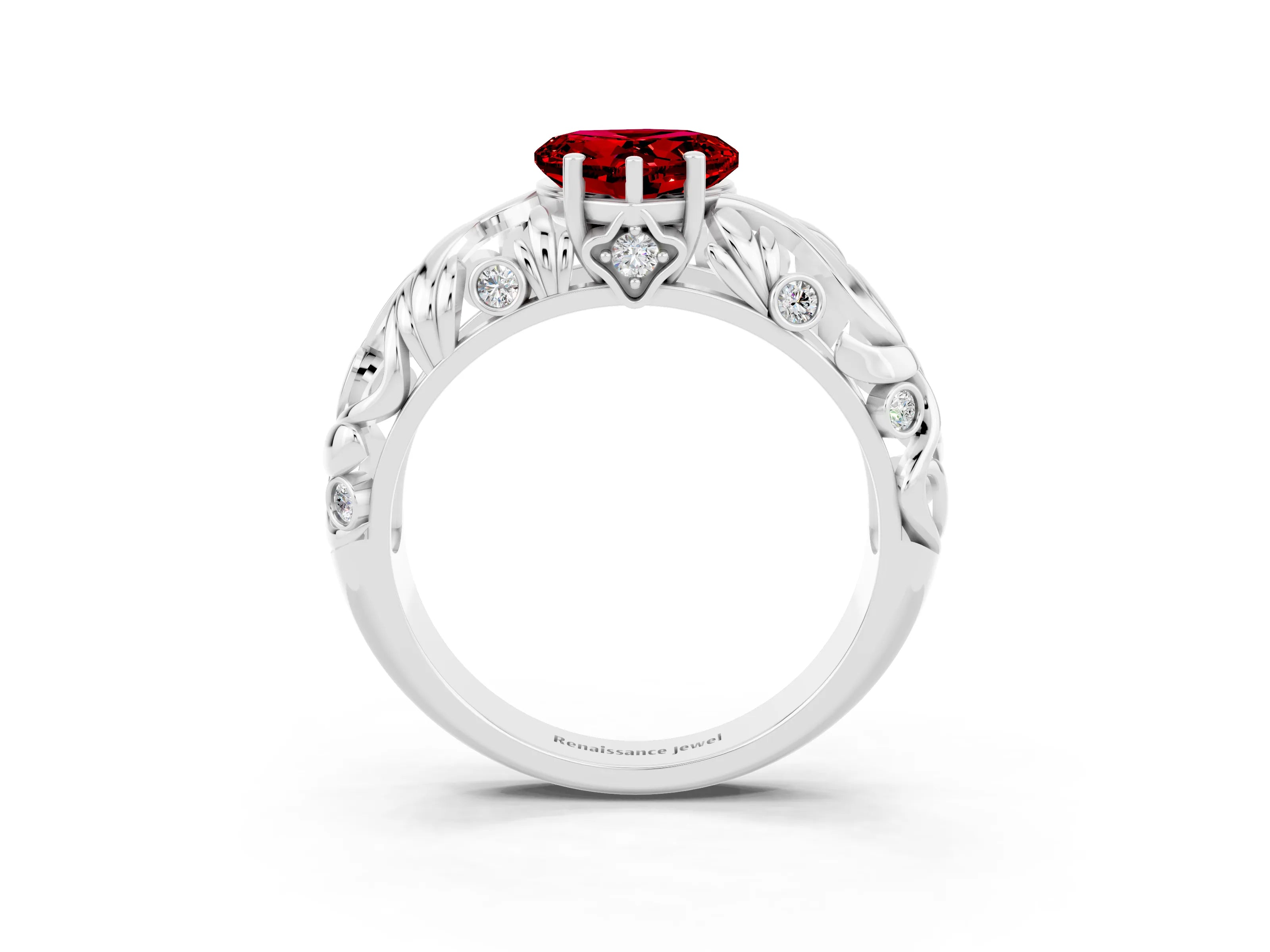 White gold Heart Cut Solitaire Ruby Leaf-Inspired Vine Band Ring with Prong Setting_3