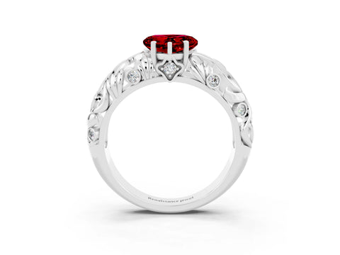 White gold Heart Cut Solitaire Ruby Leaf-Inspired Vine Band Ring with Prong Setting_3
