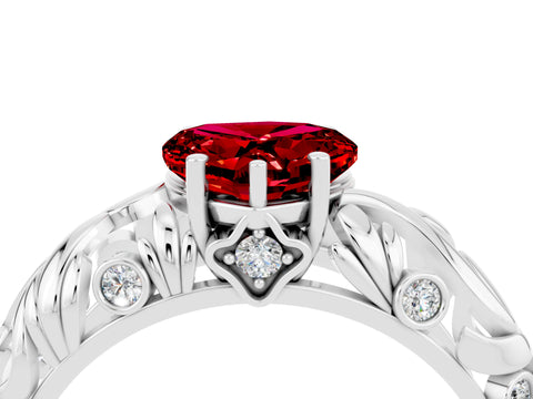 White gold Heart Cut Solitaire Ruby Leaf-Inspired Vine Band Ring with Prong Setting_4