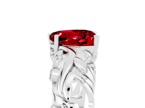 White gold Heart Cut Solitaire Ruby Leaf-Inspired Vine Band Ring with Prong Setting_5