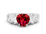 White gold Heart Cut Solitaire Ruby Leaf-Inspired Vine Band Ring with Prong Setting