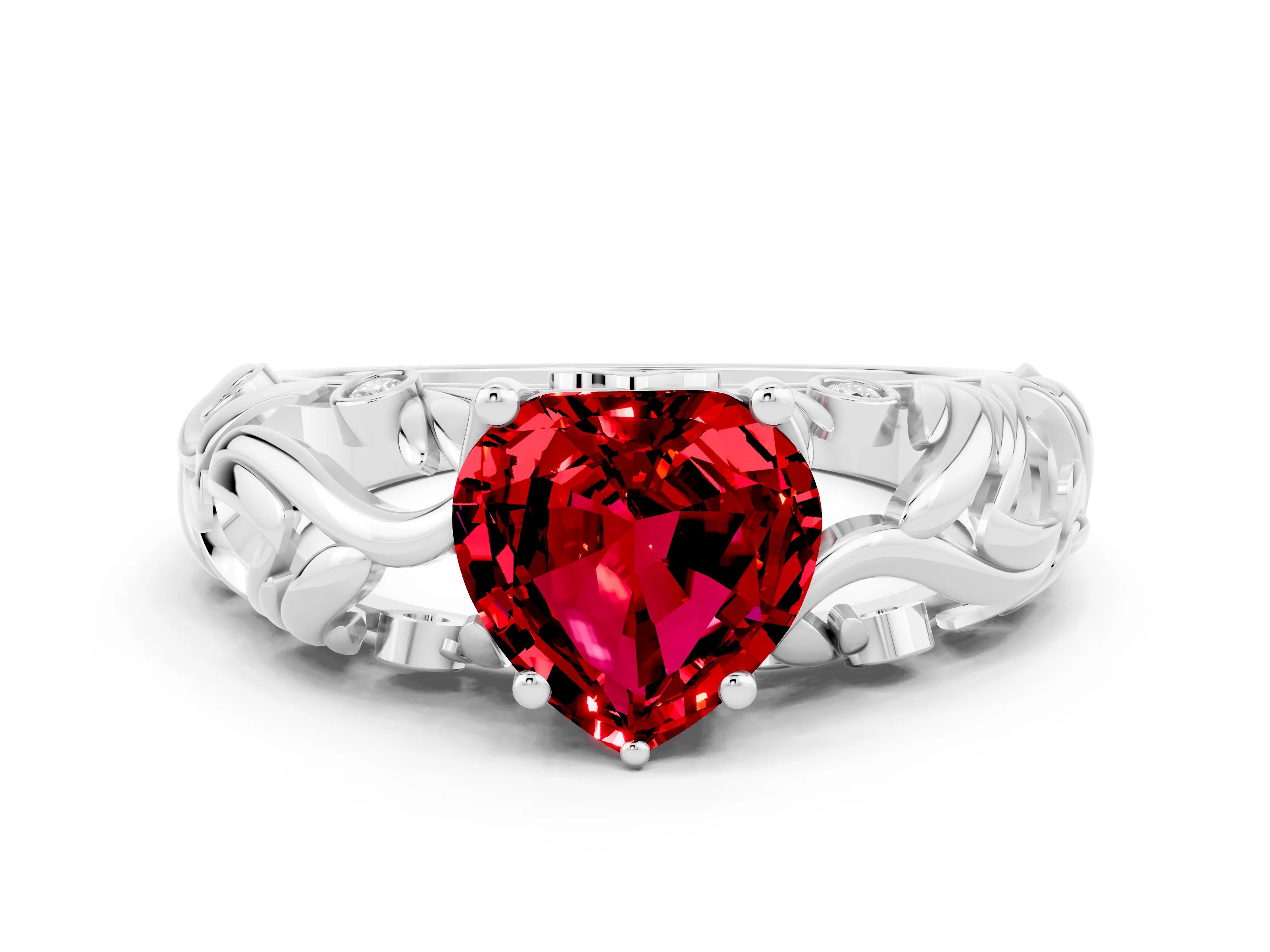 White gold Heart Cut Solitaire Ruby Leaf-Inspired Vine Band Ring with Prong Setting
