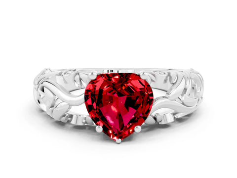 White gold Heart Cut Solitaire Ruby Leaf-Inspired Vine Band Ring with Prong Setting