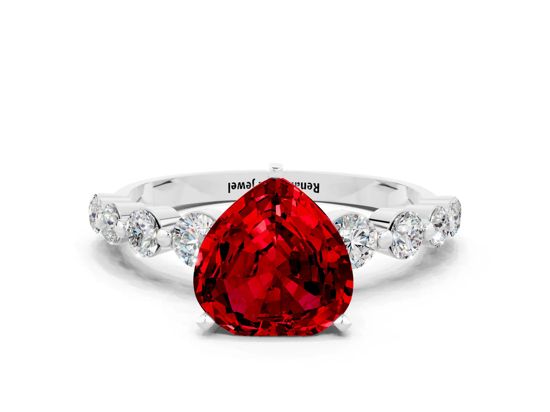 White gold Heart Cut Solitaire Ruby Ring with Pave Band and Four-Prong Setting