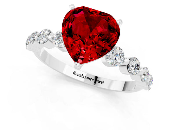 White gold Heart Cut Solitaire Ruby Ring with Pave Band and Four-Prong Setting