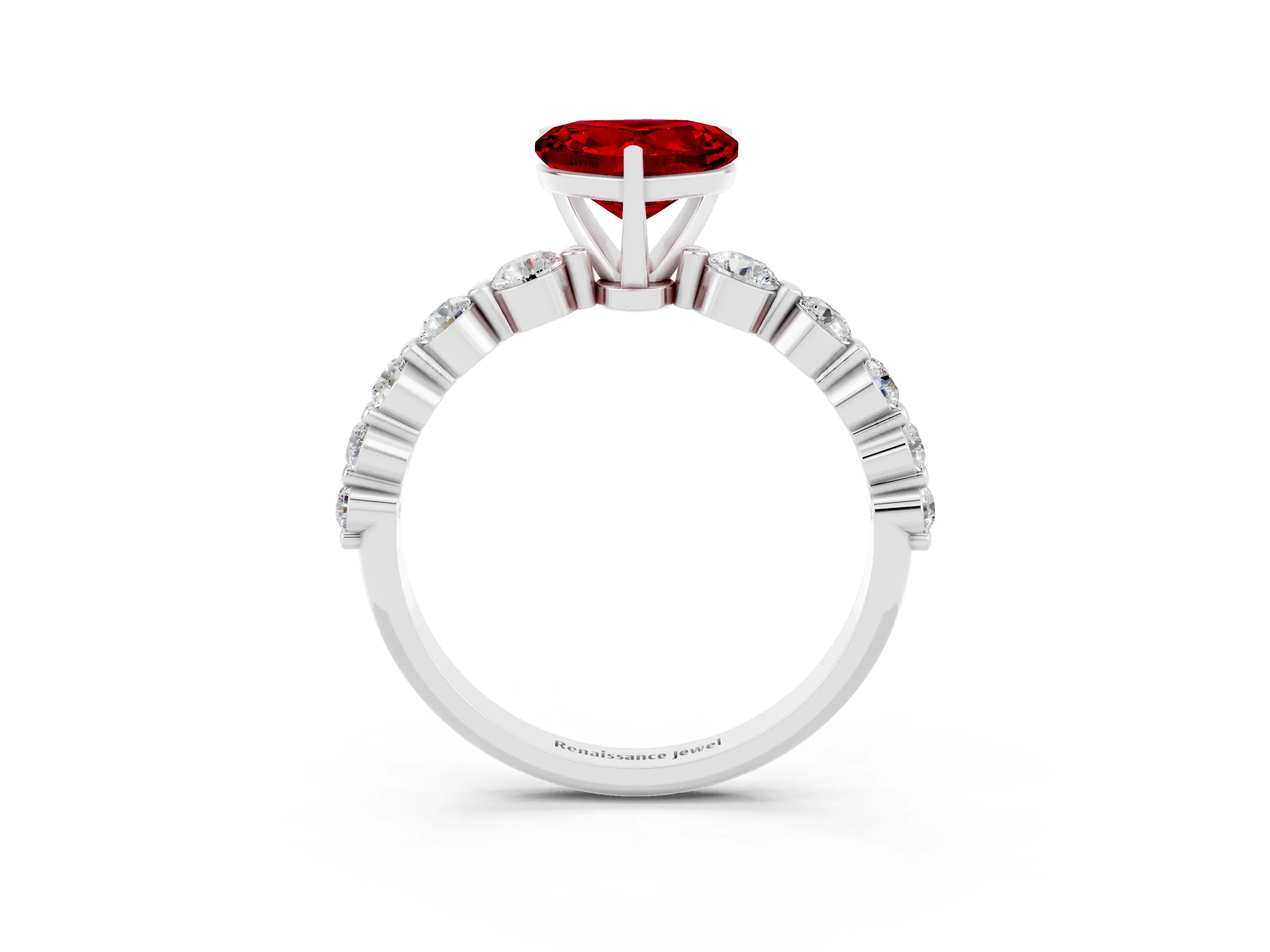 White gold Heart Cut Solitaire Ruby Ring with Pave Band and Four-Prong Setting_3