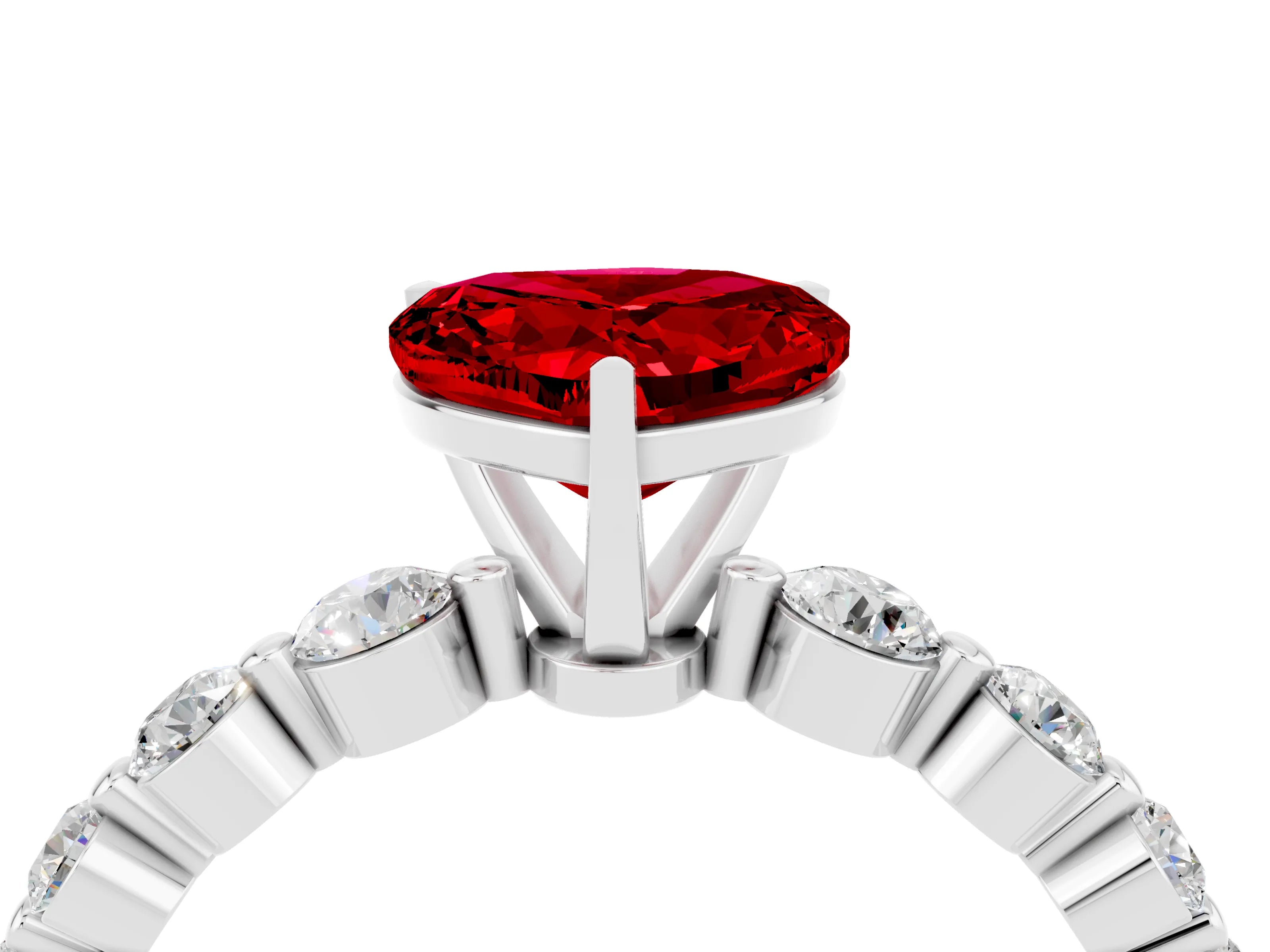 White gold Heart Cut Solitaire Ruby Ring with Pave Band and Four-Prong Setting_4