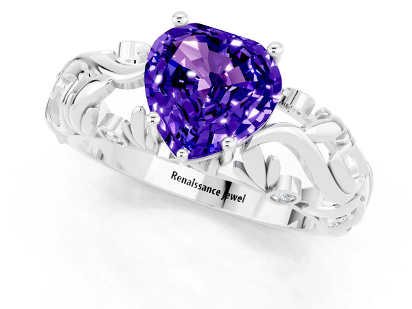 Platinum Heart Cut Solitaire Tanzanite Leaf-Inspired Vine Band Ring with Prong Setting