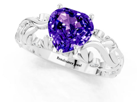 White gold Heart Cut Solitaire Tanzanite Leaf-Inspired Vine Band Ring with Prong Setting_1