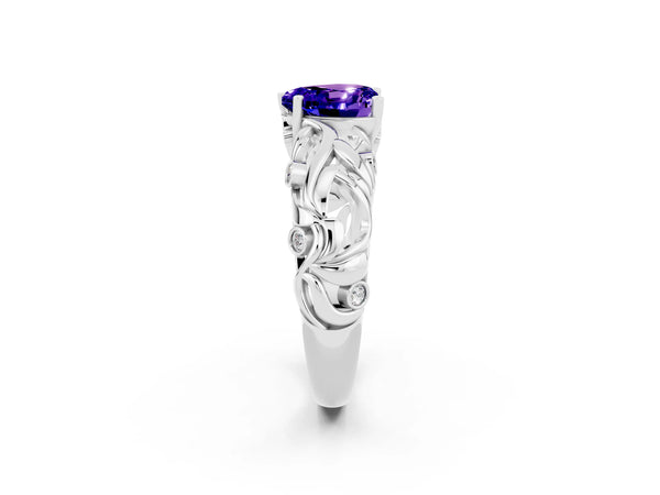 White gold Heart Cut Solitaire Tanzanite Leaf-Inspired Vine Band Ring with Prong Setting