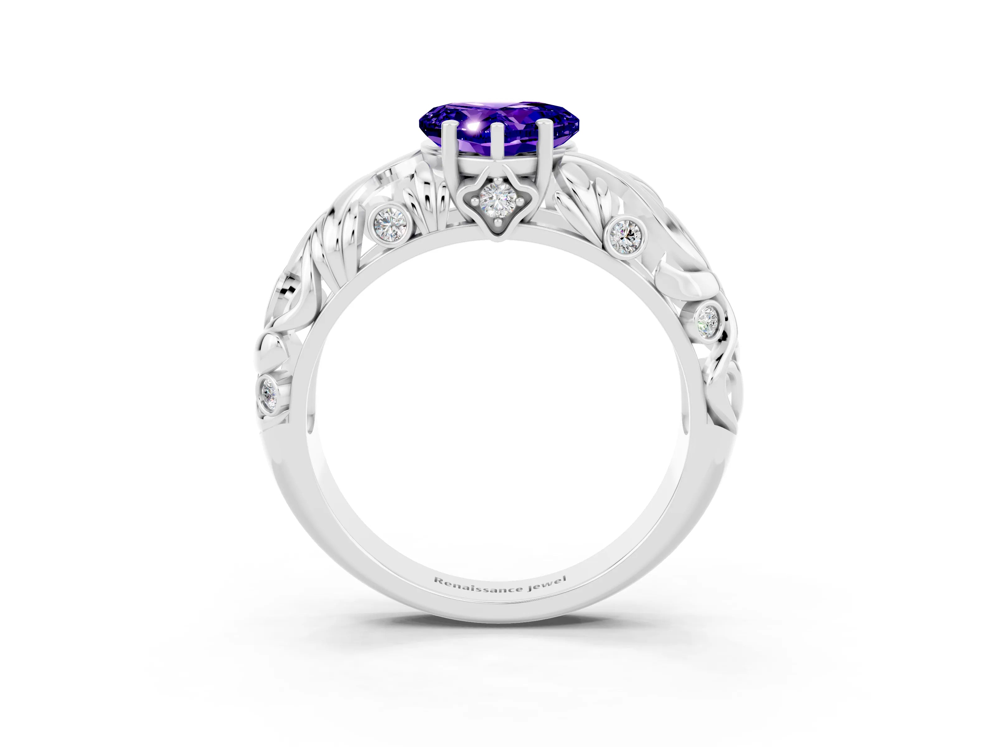White gold Heart Cut Solitaire Tanzanite Leaf-Inspired Vine Band Ring with Prong Setting_3