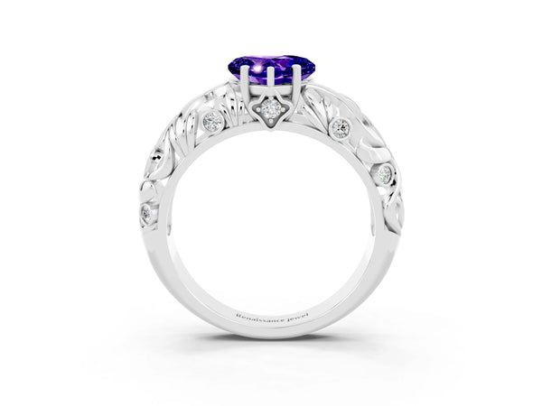 White gold Heart Cut Solitaire Tanzanite Leaf-Inspired Vine Band Ring with Prong Setting