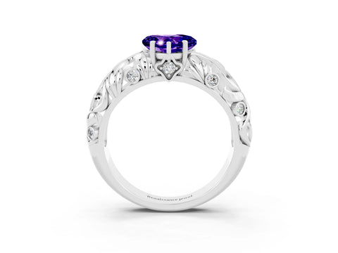 White gold Heart Cut Solitaire Tanzanite Leaf-Inspired Vine Band Ring with Prong Setting_3