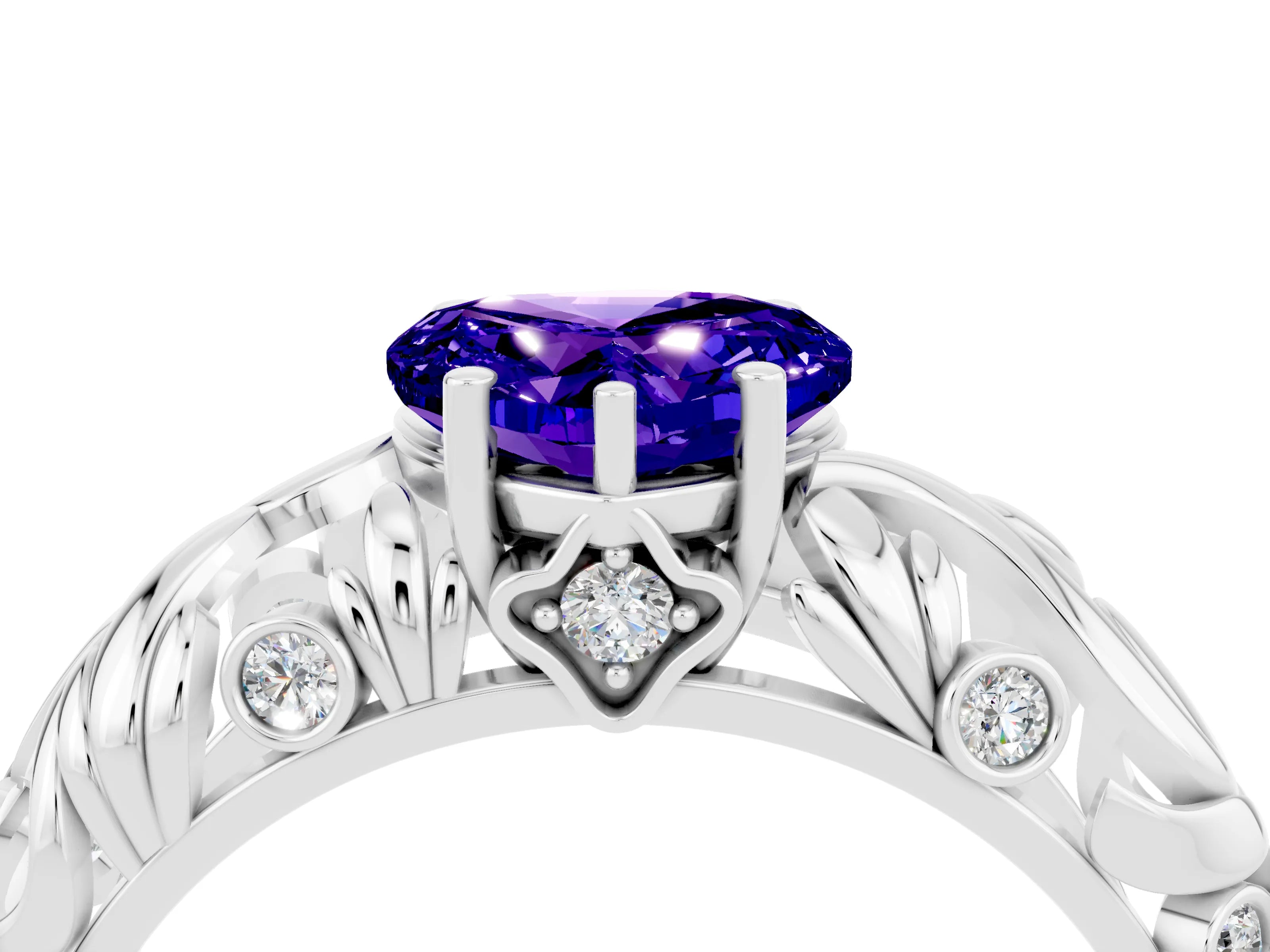 White gold Heart Cut Solitaire Tanzanite Leaf-Inspired Vine Band Ring with Prong Setting_4