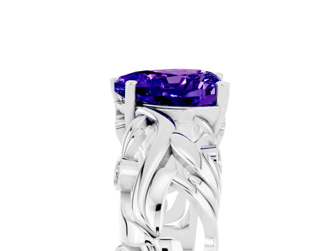 White gold Heart Cut Solitaire Tanzanite Leaf-Inspired Vine Band Ring with Prong Setting_5