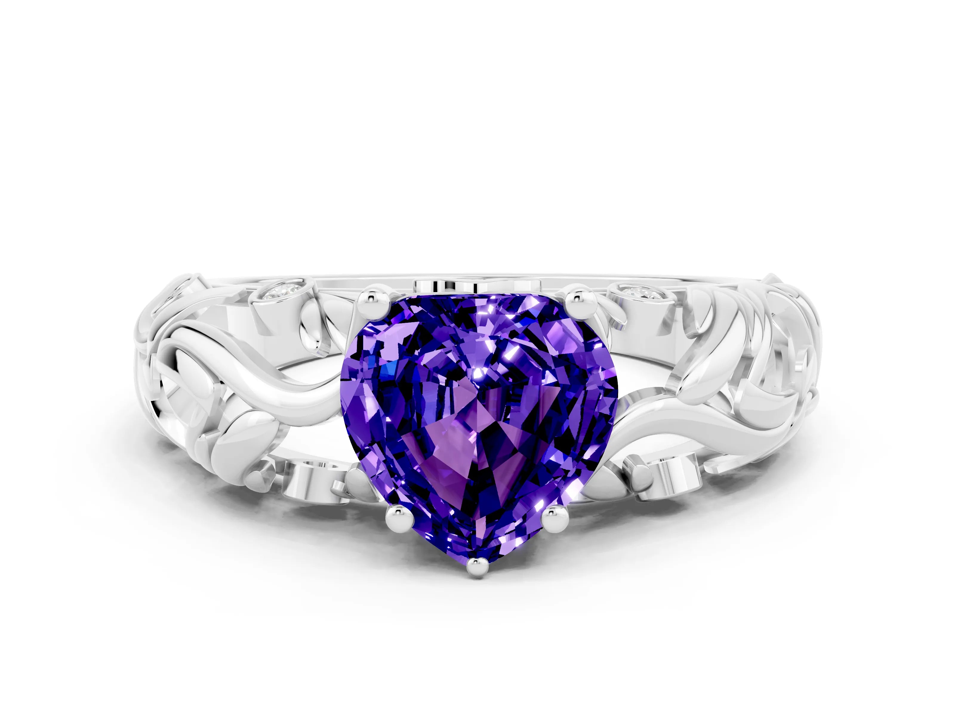 White gold Heart Cut Solitaire Tanzanite Leaf-Inspired Vine Band Ring with Prong Setting