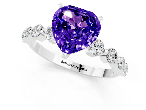 Platinum Heart Cut Solitaire Tanzanite Ring with Pave Band and Four-Prong Setting