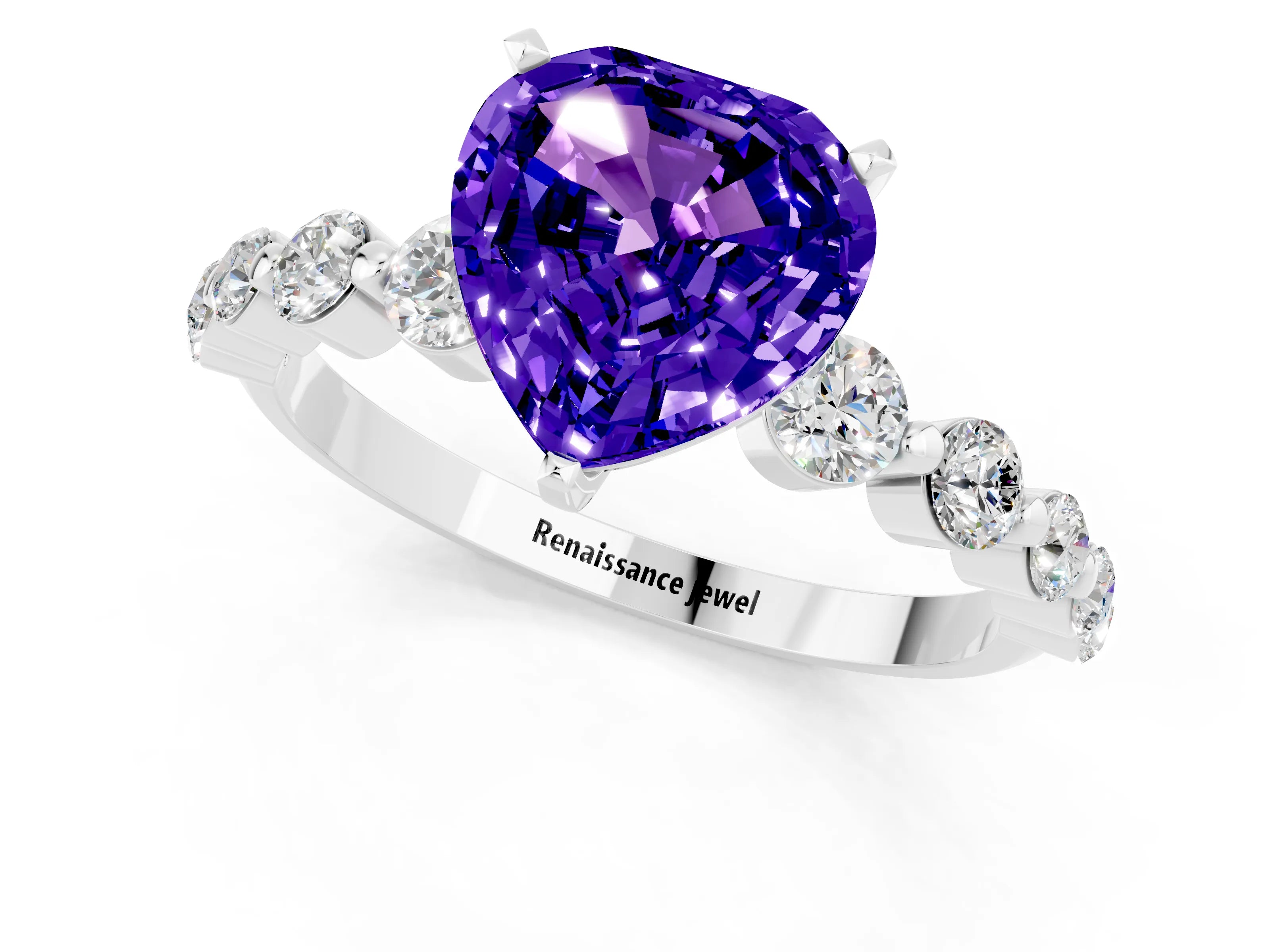 White gold Heart Cut Solitaire Tanzanite Ring with Pave Band and Four-Prong Setting_1