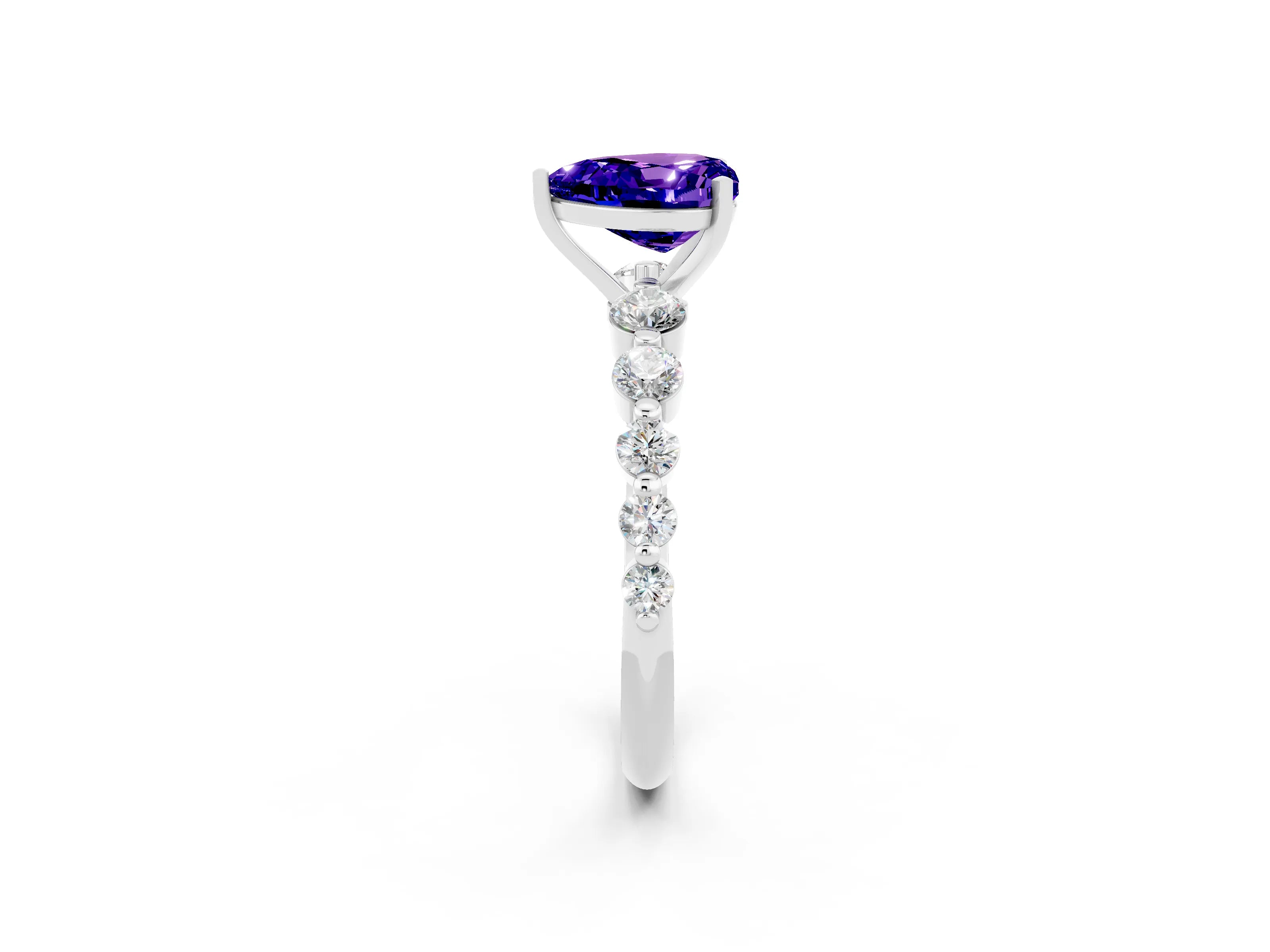 White gold Heart Cut Solitaire Tanzanite Ring with Pave Band and Four-Prong Setting_2