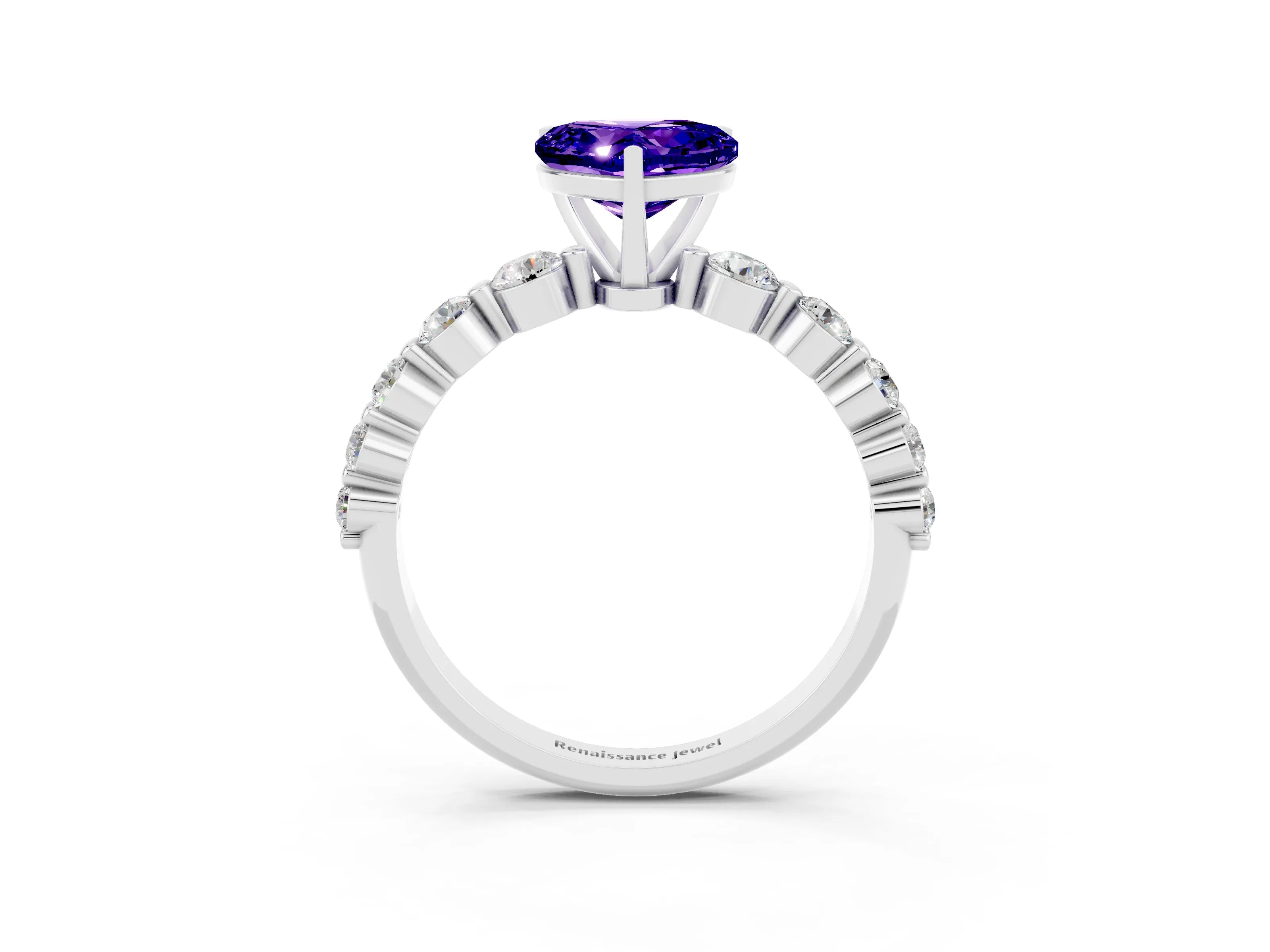 White gold Heart Cut Solitaire Tanzanite Ring with Pave Band and Four-Prong Setting_3