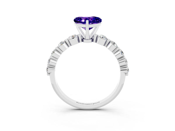 White gold Heart Cut Solitaire Tanzanite Ring with Pave Band and Four-Prong Setting