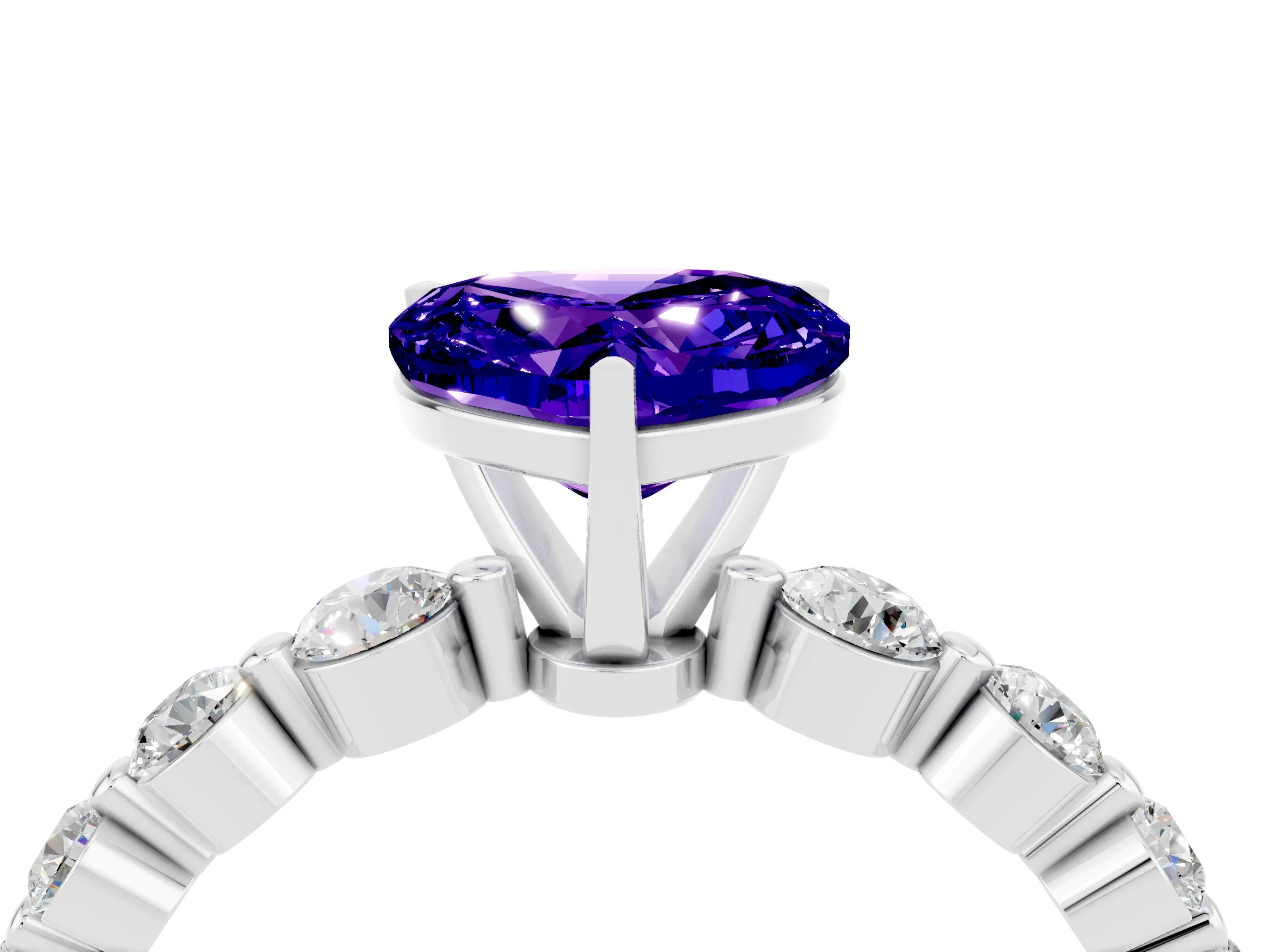 White gold Heart Cut Solitaire Tanzanite Ring with Pave Band and Four-Prong Setting_4