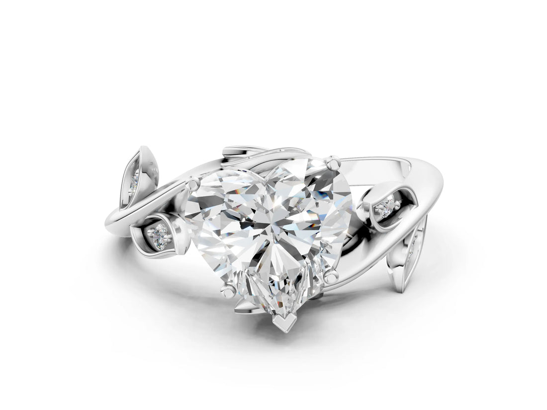 White gold Heart Cut Solitaire Twist Engagement Ring with Leaf Accents and Prong Setting_20