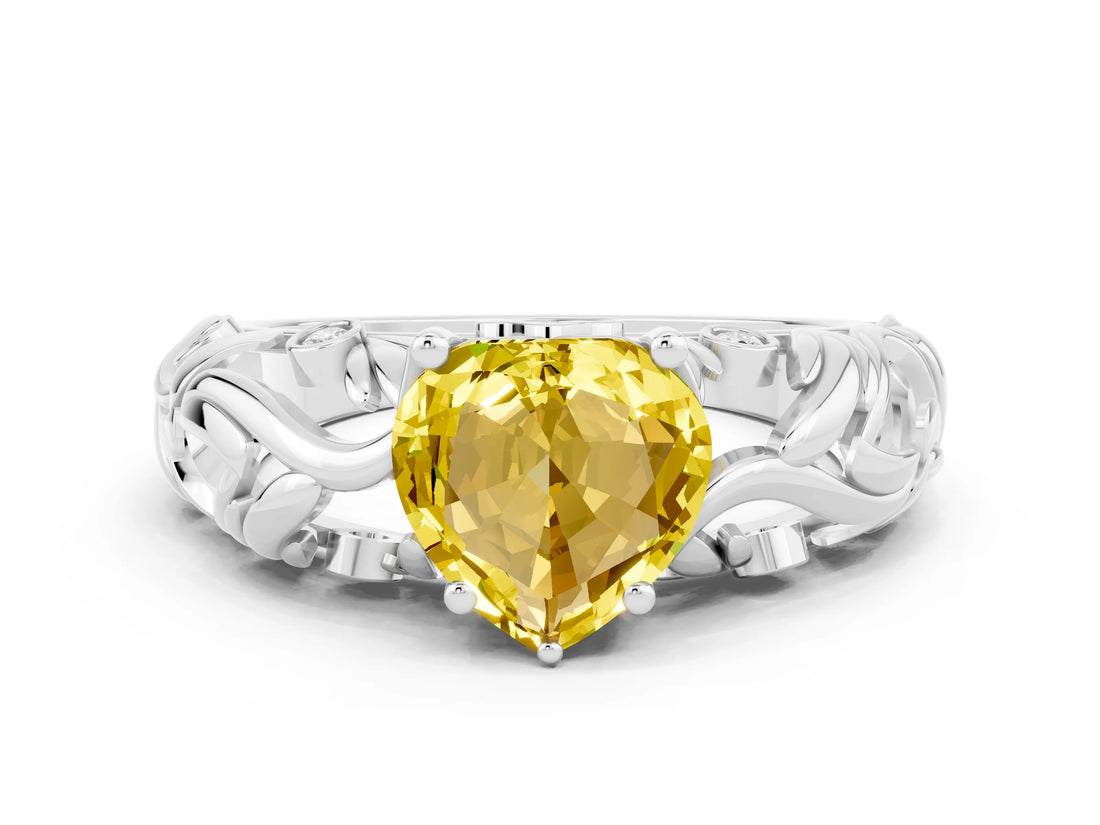 White gold Heart Cut Solitaire Yellow Sapphire Leaf-Inspired Vine Band Ring with Prong Setting_24