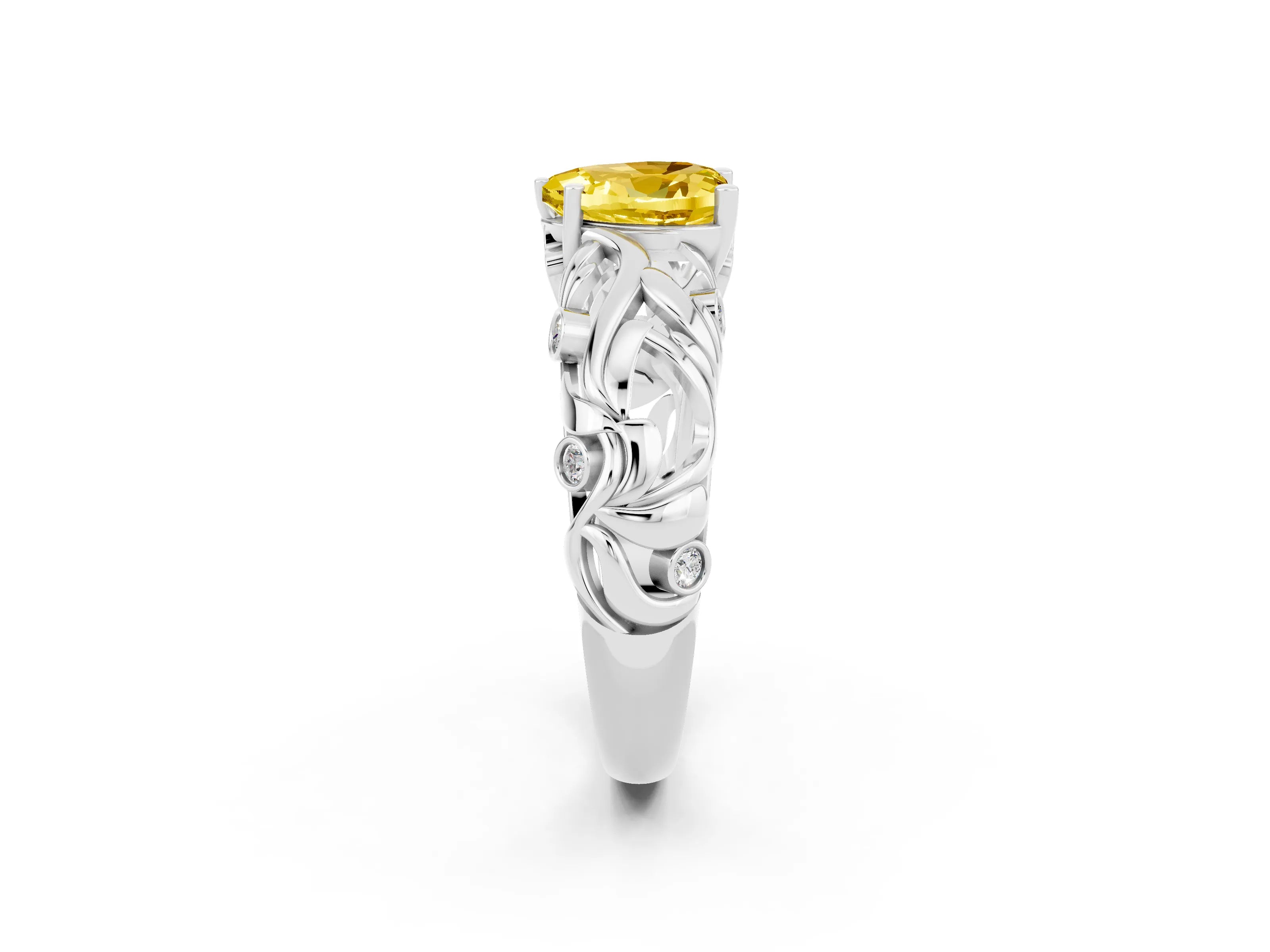 White gold Heart Cut Solitaire Yellow Sapphire Leaf-Inspired Vine Band Ring with Prong Setting_26