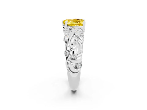 White gold Heart Cut Solitaire Yellow Sapphire Leaf-Inspired Vine Band Ring with Prong Setting_26