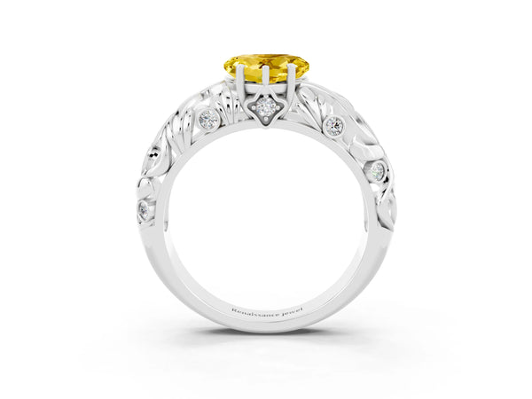 Silver Heart Cut Solitaire Yellow Sapphire Leaf-Inspired Vine Band Ring with Prong Setting
