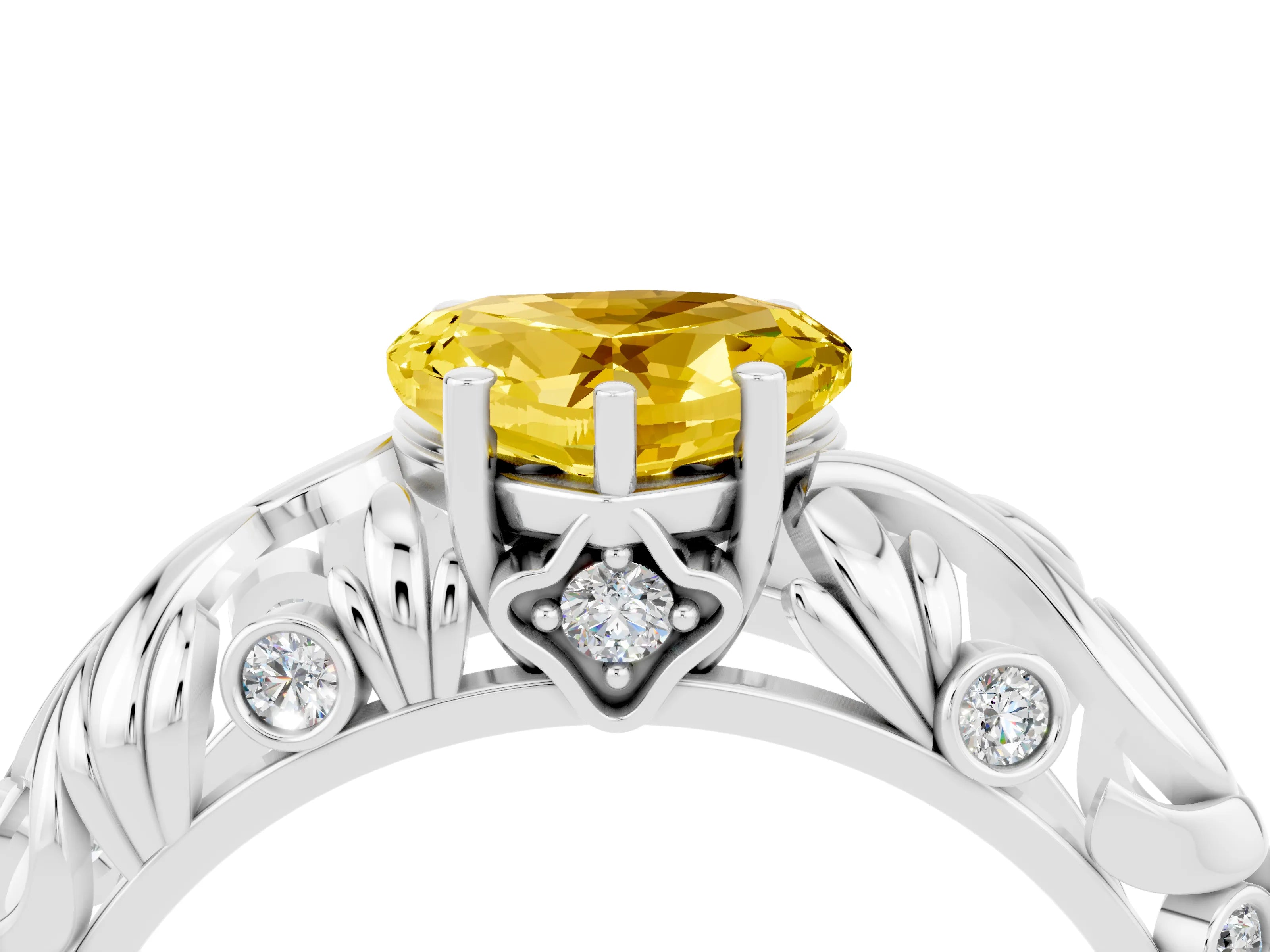 White gold Heart Cut Solitaire Yellow Sapphire Leaf-Inspired Vine Band Ring with Prong Setting_28