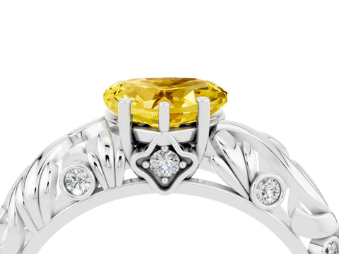 White gold Heart Cut Solitaire Yellow Sapphire Leaf-Inspired Vine Band Ring with Prong Setting_28