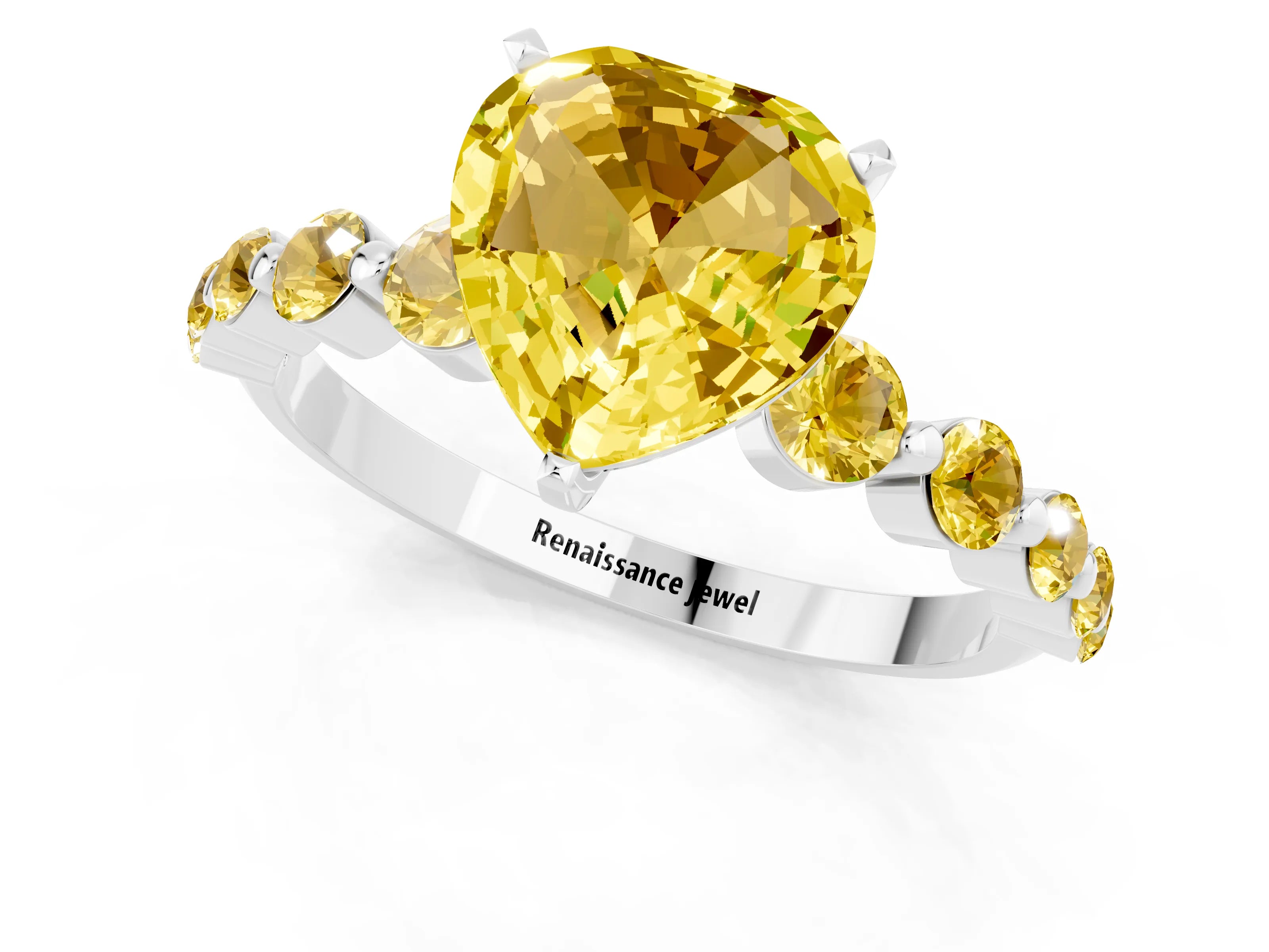 White gold Heart Cut Solitaire Yellow Sapphire Ring with Pave Band and Four-Prong Setting_1