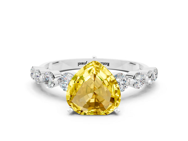 White gold Heart Cut Solitaire Yellow Sapphire Ring with Pave Band and Four-Prong Setting