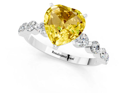 White gold Heart Cut Solitaire Yellow Sapphire Ring with Pave Band and Four-Prong Setting_25