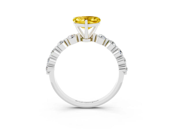 Platinum Heart Cut Solitaire Yellow Sapphire Ring with Pave Band and Four-Prong Setting