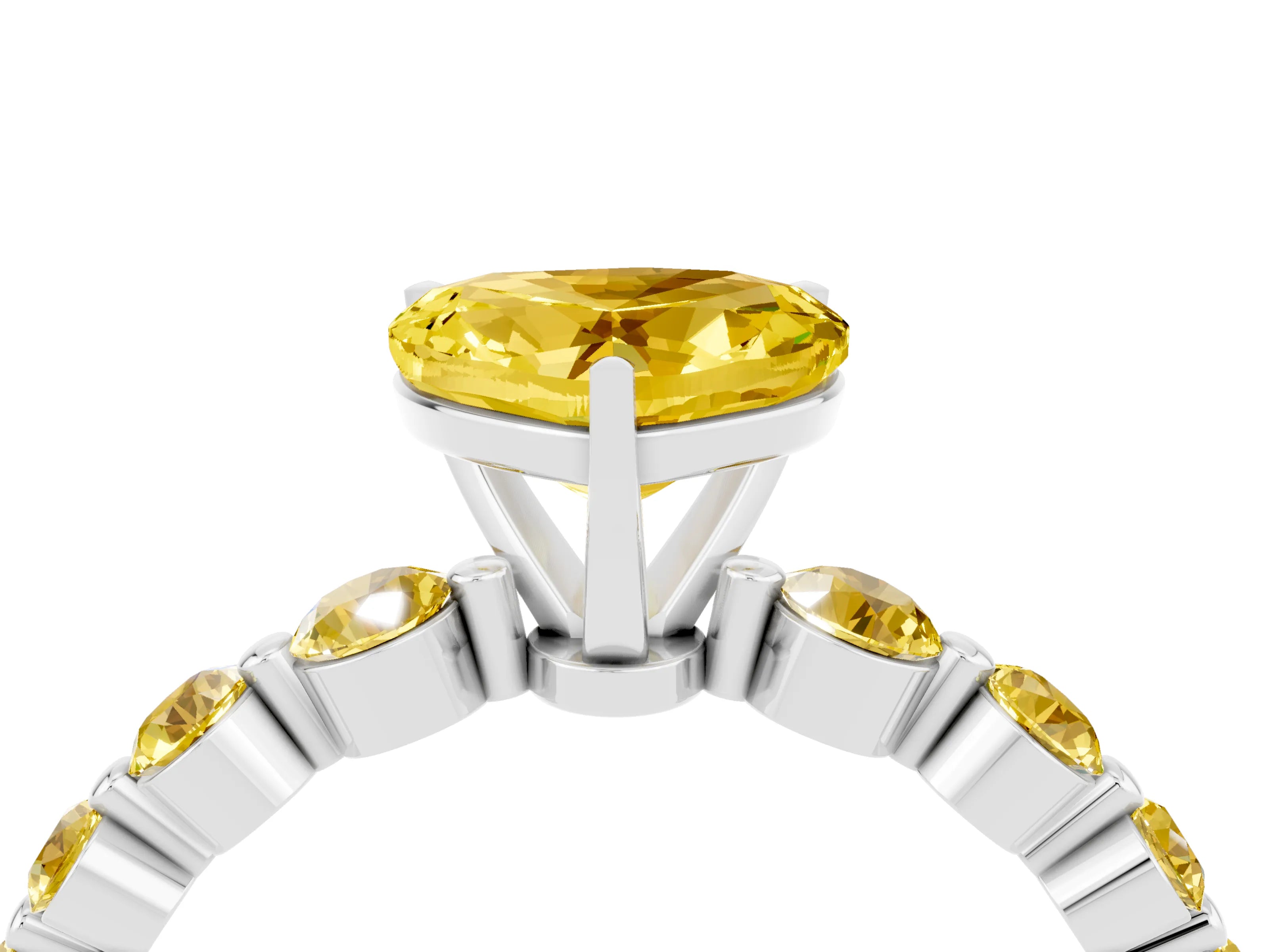 White gold Heart Cut Solitaire Yellow Sapphire Ring with Pave Band and Four-Prong Setting_4