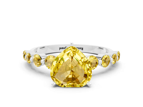 White gold Heart Cut Solitaire Yellow Sapphire Ring with Pave Band and Four-Prong Setting