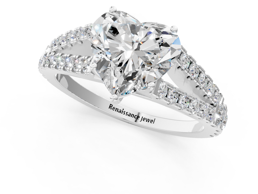 White gold Heart Cut Split Shank Pave Diamond Engagement Ring with Four-Prong Setting