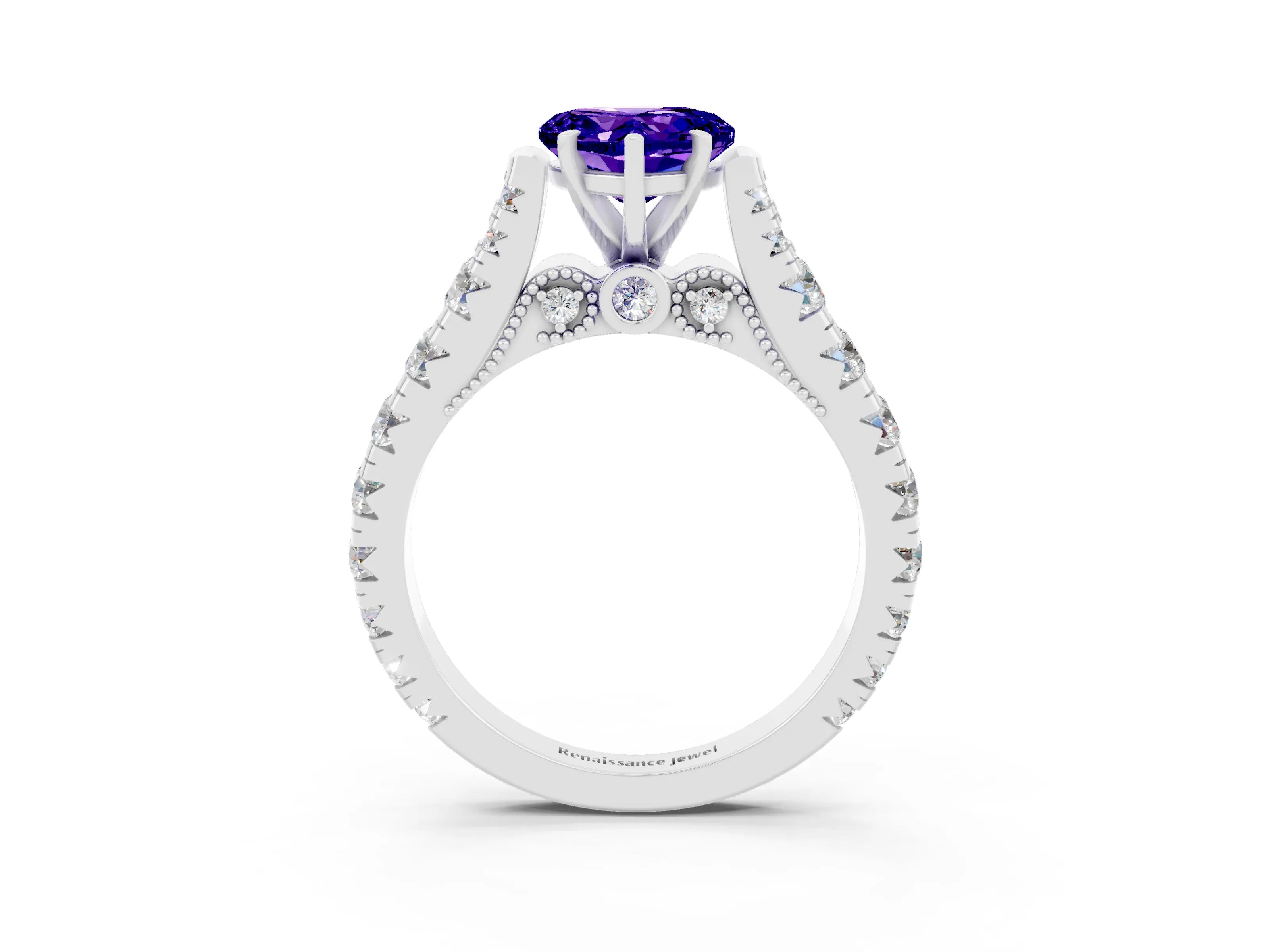 White gold Heart Cut Tanzanite Classic Solitaire Ring with Pavé Band and Four-Prong Setting_3