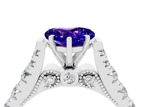 White gold Heart Cut Tanzanite Classic Solitaire Ring with Pavé Band and Four-Prong Setting_4