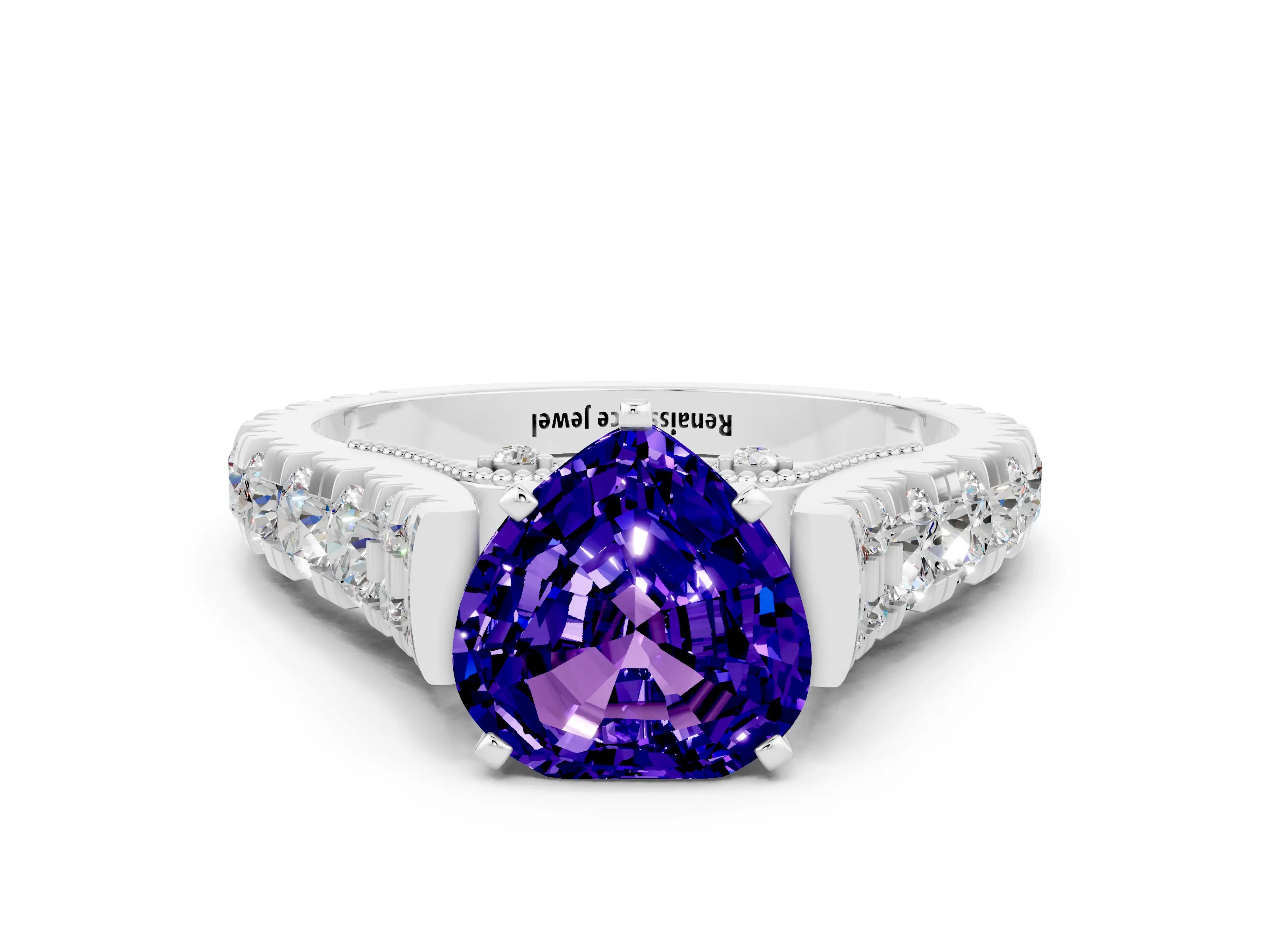 White gold Heart Cut Tanzanite Classic Solitaire Ring with Pavé Band and Four-Prong Setting