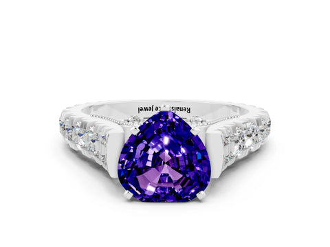 White gold Heart Cut Tanzanite Classic Solitaire Ring with Pavé Band and Four-Prong Setting