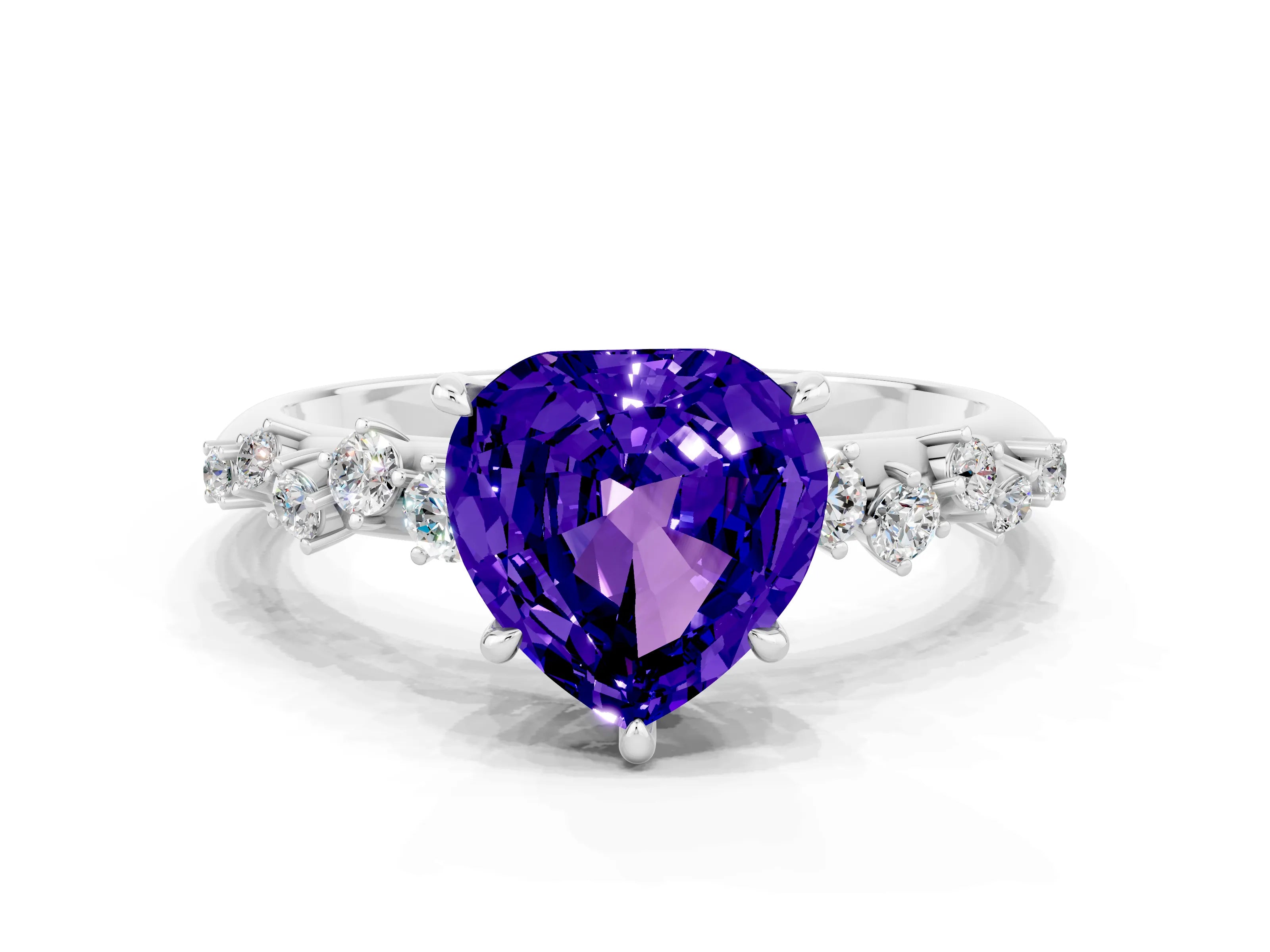 White gold Heart Cut Tanzanite Cluster Side Stone Solitaire Ring with Prong Setting_24